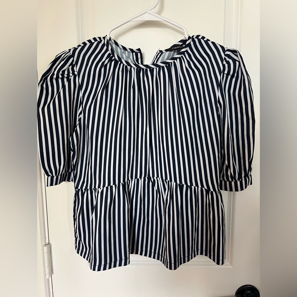Bally Black and White Puff Sleeve Blouse with Bib Collar